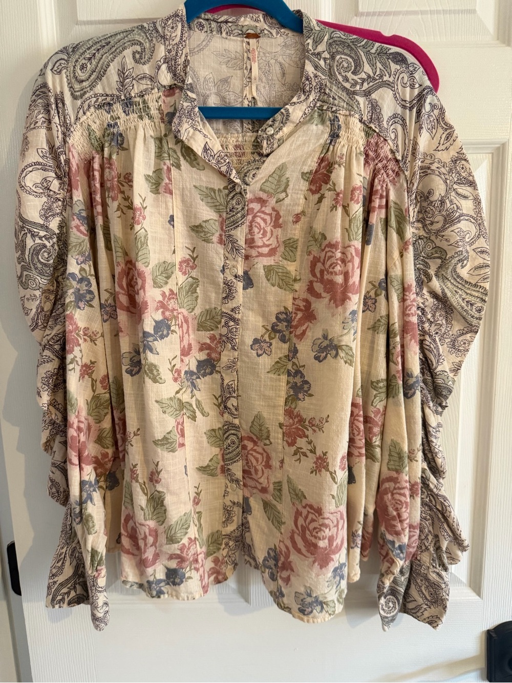 Floral Button-Front Peasant Blouse in Cream and Rose by Free People Cottagecore